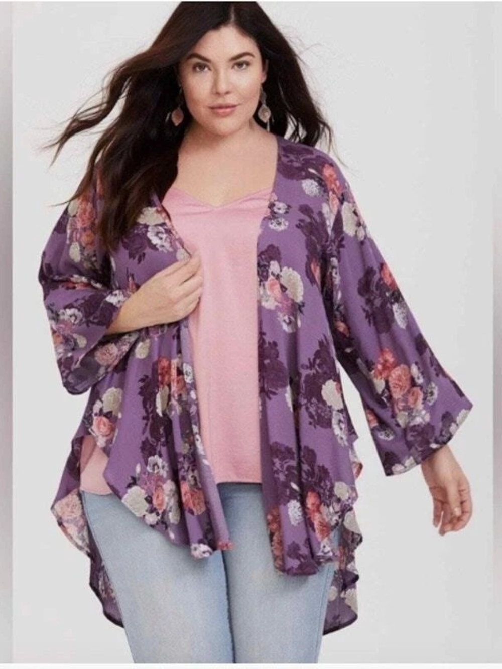 torrid Size 00 mauve floral cardigan with peach and cream blooms